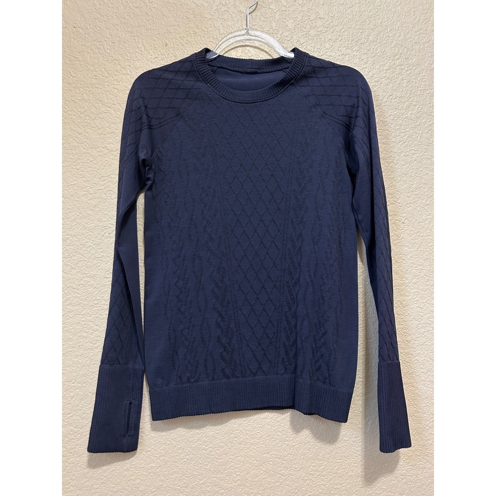 Lululemon Rest Less Pullover Navy Blue Cable Knit tech Long Sleeve Thumbholes